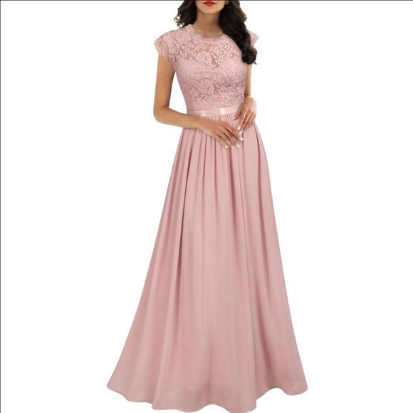 Miusol Dresses & Skirts - Musol Pink Lace Chiffon Fit And Flare Floor Length Gown Size S